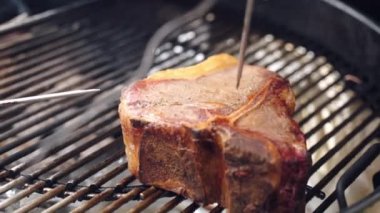 Biftek hazırlığını kontrol eden profesyonel barbekü adamı etin içine ince termometre koyar. Piknik partisi için barbekü ızgarasında kızarmış et. Lüks için ızgara et bifteği.