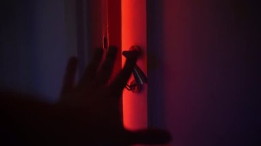 Katilin ellerinin yavaşça odaya girdiği korku sahnesi. Parlak ışıklandırmalı, katil saldırmak için karanlık odaya giriyor. Hırsız suçluyu tutuyor.