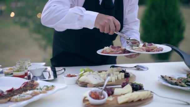 El camarero del restaurante sirve distinguidos invitados en la fiesta oficial de salida al aire libre, sirviente sosteniendo platos blancos y poniendo variedad de comida de lujo. Sabrosa cocina de restaurante para la fiesta de celebración, camarero — Vídeos de Stock