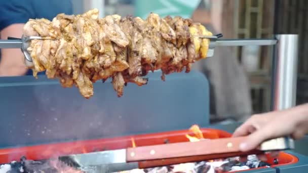 Juicy Fat Meat Pieces Skewer Rotating Burning Fire Bbq Grill — Vídeo de Stock