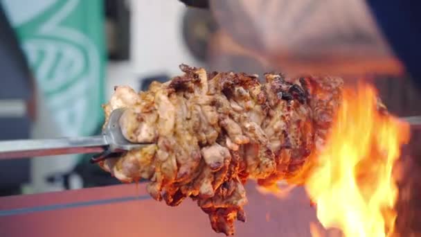 Juicy Fat Pork Pieces Rotating Skewer Roasting Fire Man Pouring — Stockvideo