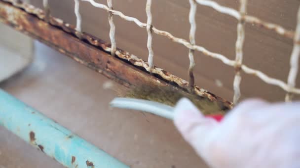 Old Rusty Gate Construction Site Workman Gloves Using Handheld Metal — Αρχείο Βίντεο