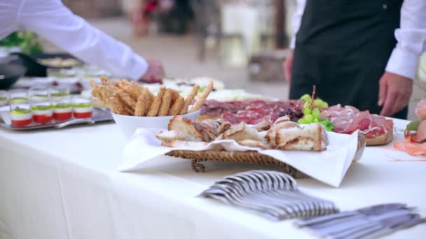 Camera Moving Luxury Banquet Table Trays Stuffed Canapes Snacks Appetizers — Stok video