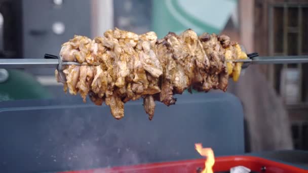 Grăsimi Suculente Bucăți Carne Porc Prăjite Foc Din Oțel Lung — Videoclip de stoc