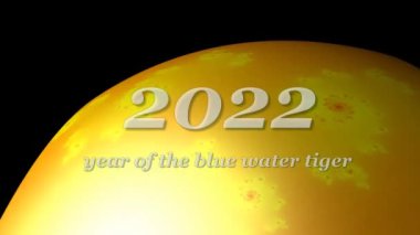 Video metni 2022 mavi su kaplanı yılıdır. Üç boyutlu illüstrasyon. Küresel görüntünün arkaplanındaki beyaz harfler. Dünya kırmızı mavi ve sarıdır..