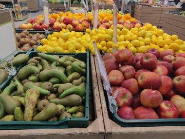 Markette bir tepside meyve. Elma, armut, kivi, limon ve portakallar satılık. Şükran Günü için sonbahar hasadı.