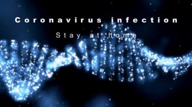 Harika bir video metni. Coronavirus enfeksiyonu. Evde kal. Mavi arka planda beyaz başlıklar. Üç boyutlu illüstrasyon. Projeleriniz için, sosyal ağlar ve reklamlar hakkında bilgi almak için..
