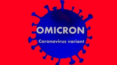 Etkili video metni. Omicron Coronavirus varyantı. Mavi virüs arka planında beyaz başlıklar. Görüntü kırmızı arkaplanda. Coronavirus enfeksiyonu. Projeleriniz için, sosyal ağlar ve reklamlar hakkında bilgi almak için..
