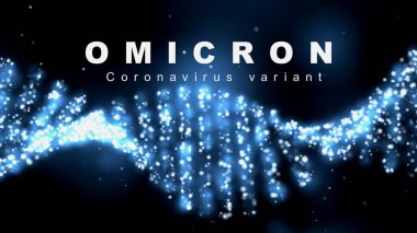 Etkili metin Omicron Coronavirus varyantı. Mavi arka planda beyaz başlıklar. DNA sarmalı görüntüsü. Coronavirüs enfeksiyonu.