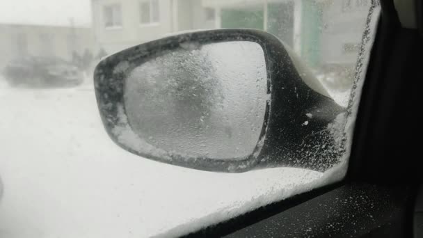 Side Rear View Mirror Car View Car Interior Heavy Snowfall — Stock Video