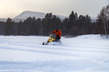 Güney Urallar 'ın dağlarındaki kış ormanlarında hareket eden bir kar aracının atleti..