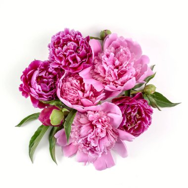 Beyaz bir masada pembe şakayık demeti. Sevgililer Günü hediyesi..