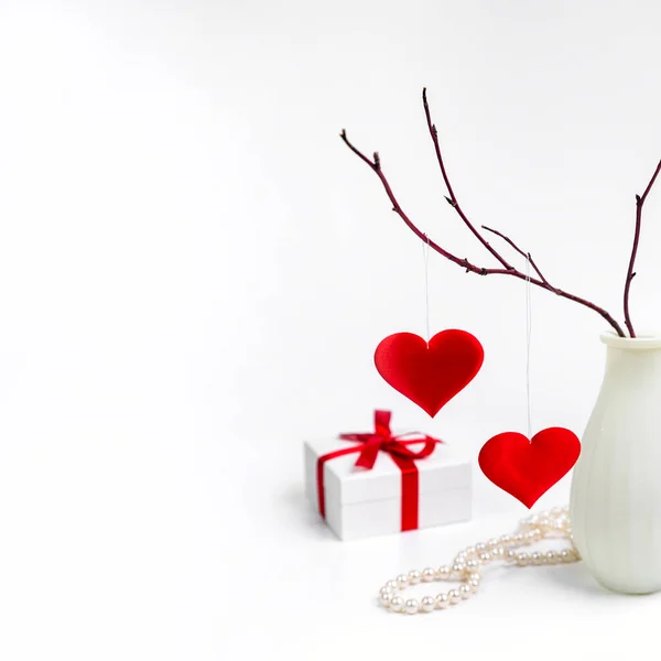 Vase Hearts Hanging Branch Valentine Day Gift Copy Space — Stock Photo, Image
