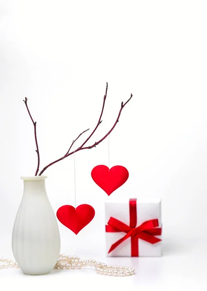 Гілці Висить Ваза Сердець Подарунок День Святого Валентина Копіювальний Простір — стокове фото