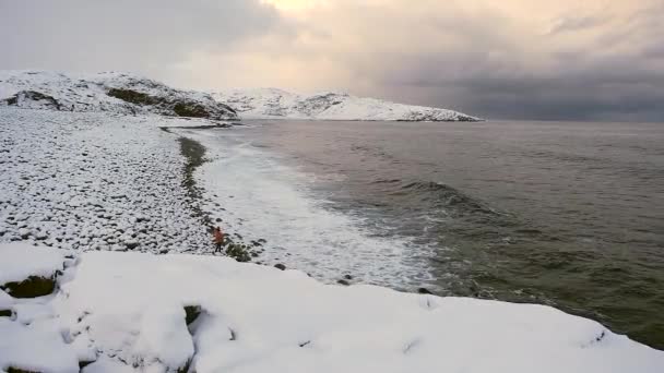 Берег Северного Ледовитого океана в городе Териберка. Баренцево море в конце октября — стоковое видео