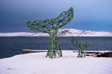 Şubat ayında Barents Denizi kıyısında Teriberka. - Rusya. Balinaların anıtı..