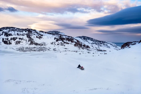 Kust Van Barentszzee Eind Februari Teriberka Rusland Sneeuwscooter Rijden — Stockfoto