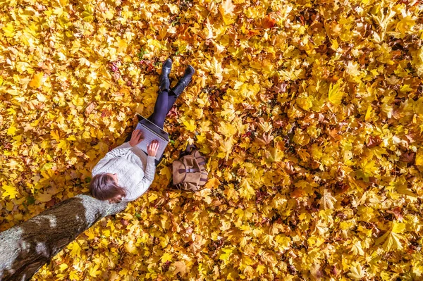 Вид Зверху Красива Молода Студентка Ноутбуком Сидить Під Деревом Осінньому — стокове фото
