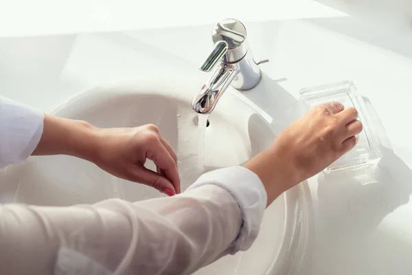 Woman Washing Hands Rubbing Soap White Sink Bathroom Sunlight Window — Stock Photo, Image
