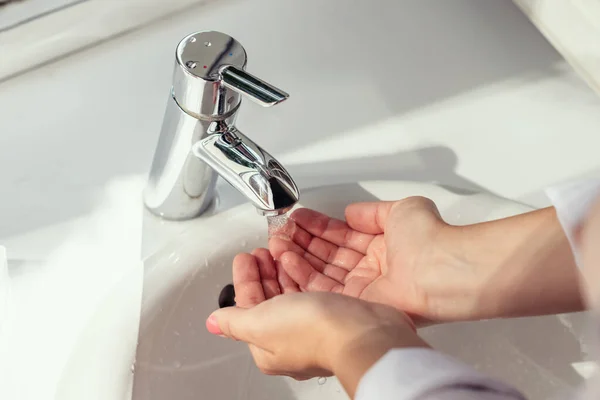 Woman Washing Hands Water Stream Tap Soap Hygiene Concept Top — 图库照片