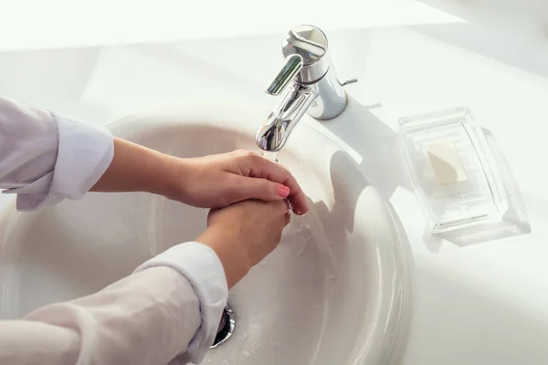 Woman Washing Hands Rubbing Soap White Sink Bathroom Sunlight Window — стоковое фото