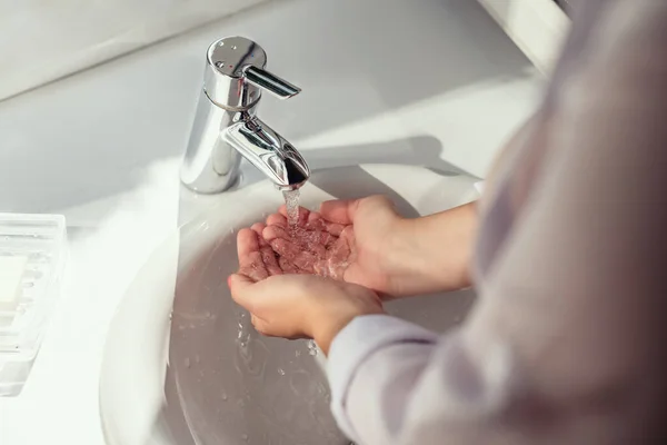 Woman Washing Hands Water Stream Tap Soap Hygiene Concept Top — стоковое фото