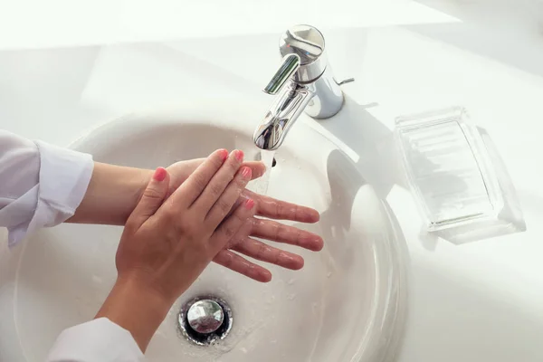 Woman Washing Hands Rubbing Soap White Sink Bathroom Sunlight Window — стоковое фото