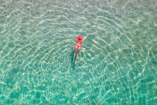 Top View Young Beautiful Woman Red Hat Bikini Swimming Sea — Photo