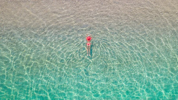 Top View Young Beautiful Woman Red Hat Bikini Lying Sunbathe — Stockfoto