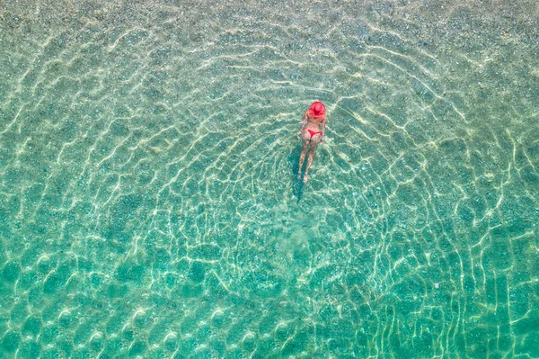 Top View Young Beautiful Woman Red Hat Bikini Swimming Sea — Photo