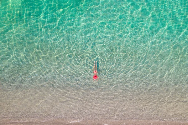 Top View Young Beautiful Woman Red Hat Bikini Lying Sunbathe — Photo