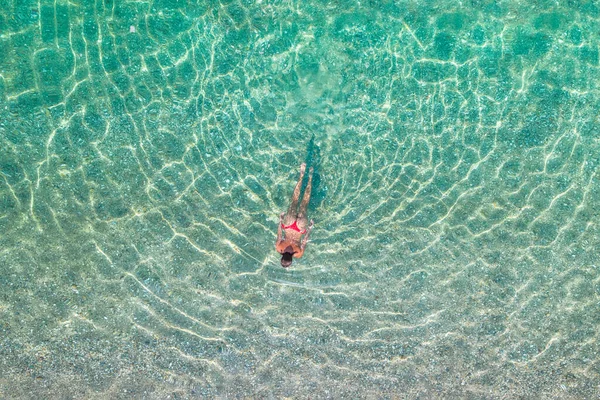 Top Aerial View Young Beautiful Woman Red Bikini Panties Swimming — Zdjęcie stockowe