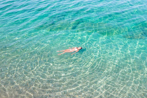 Top Aerial View Young Beautiful Woman White Bikini Swimming Sea — Photo