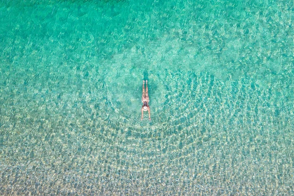 Top Aerial View Young Beautiful Woman Hat White Bikini Swimming — Zdjęcie stockowe