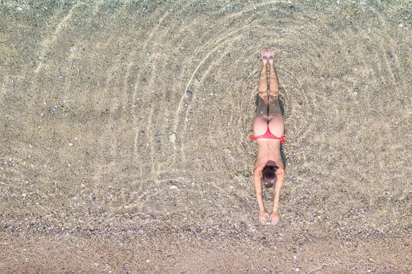 Top Aerial View Young Beautiful Woman Red Bikini Panties Lying — стоковое фото