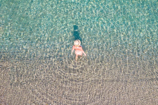 Top Aerial View Young Beautiful Woman Hat White Bikini Swimming —  Fotos de Stock