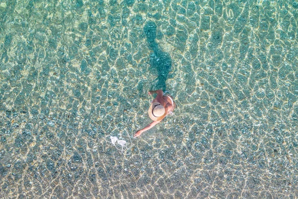 Top View Young Beautiful Naked Woman Hat Taking Bikini Sea —  Fotos de Stock