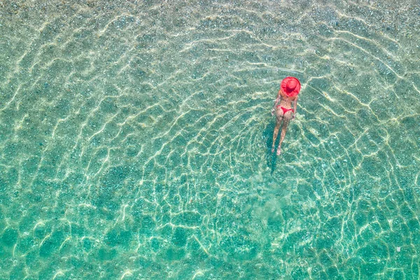 Top View Young Beautiful Woman Red Hat Bikini Swimming Sea — Photo