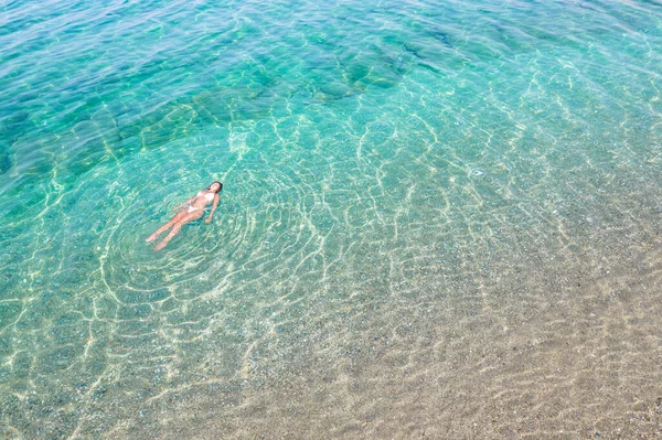 Top Aerial View Young Beautiful Woman White Bikini Swimming Sea — 스톡 사진