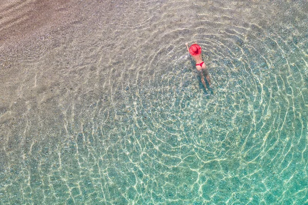 Top View Young Beautiful Woman Red Hat Bikini Lying Sunbathe — Fotografia de Stock