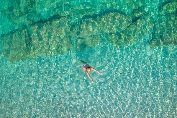 Top Aerial View Young Beautiful Woman White Bikini Swimming Sea — Photo