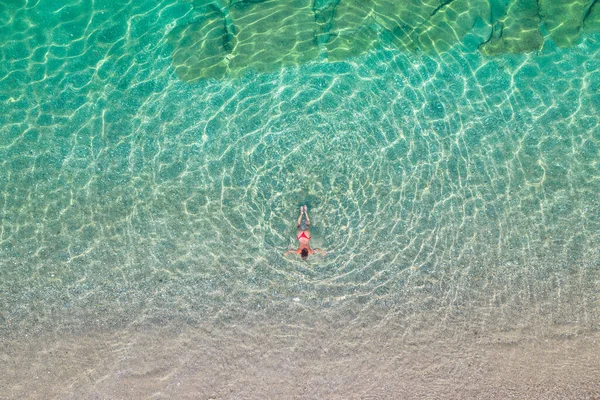 Top Aerial View Young Beautiful Woman Red Bikini Panties Swimming — Photo
