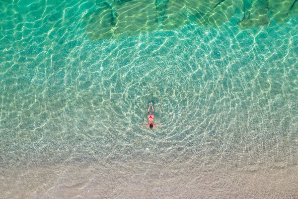 Top Aerial View Young Beautiful Woman Red Bikini Panties Swimming — Stock Fotó