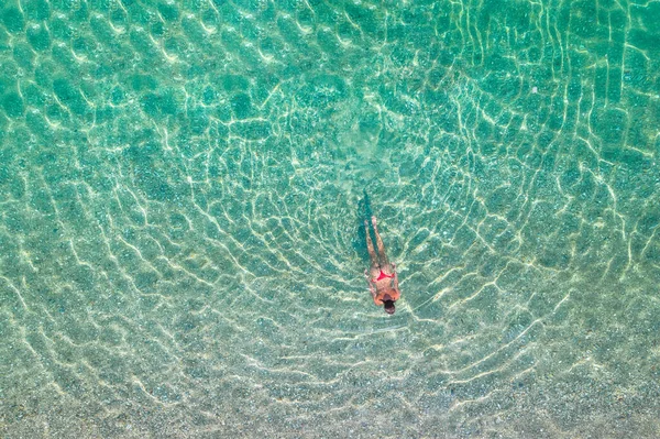 Top Aerial View Young Beautiful Woman Red Bikini Panties Swimming — Stok fotoğraf