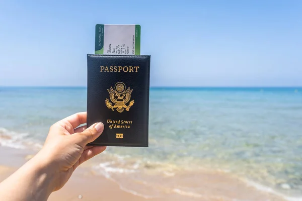 Woman Holding American Passport Boarding Pass Cover Sea Wave Beach — Stock Photo, Image