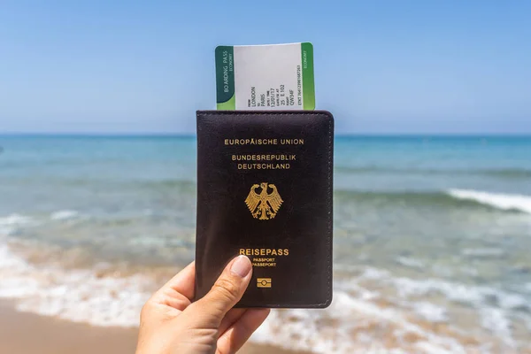 Woman Holding Deutsch Passport Boarding Pass Cover Sea Wave Beach — Stock Photo, Image