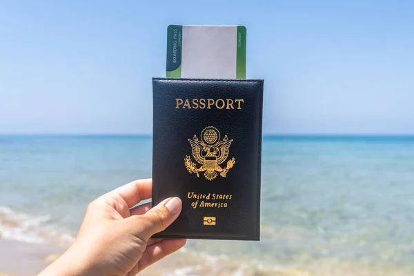 Woman Holding American Passport Boarding Pass Cover Sea Wave Beach — Stock Photo, Image