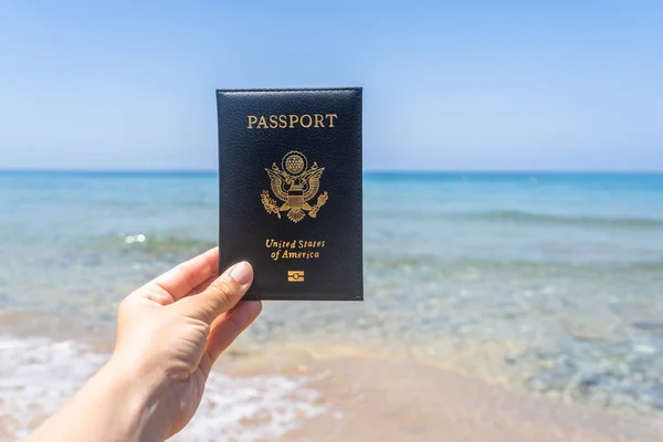 Woman Holding American Passport Cover Sea Wave Beach Concept Summer — Stock Photo, Image