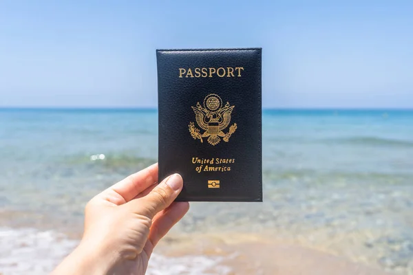 Woman Holding American Passport Cover Sea Wave Beach Concept Summer — Stock Photo, Image