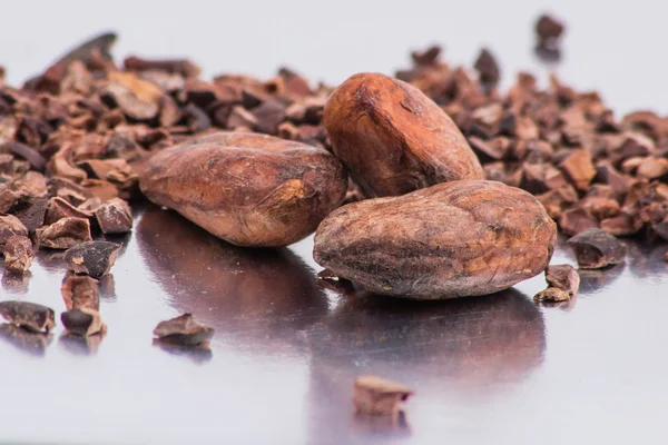 Chocolade stukjes cacaobonen geïsoleerd op witte achtergrond Stockfoto